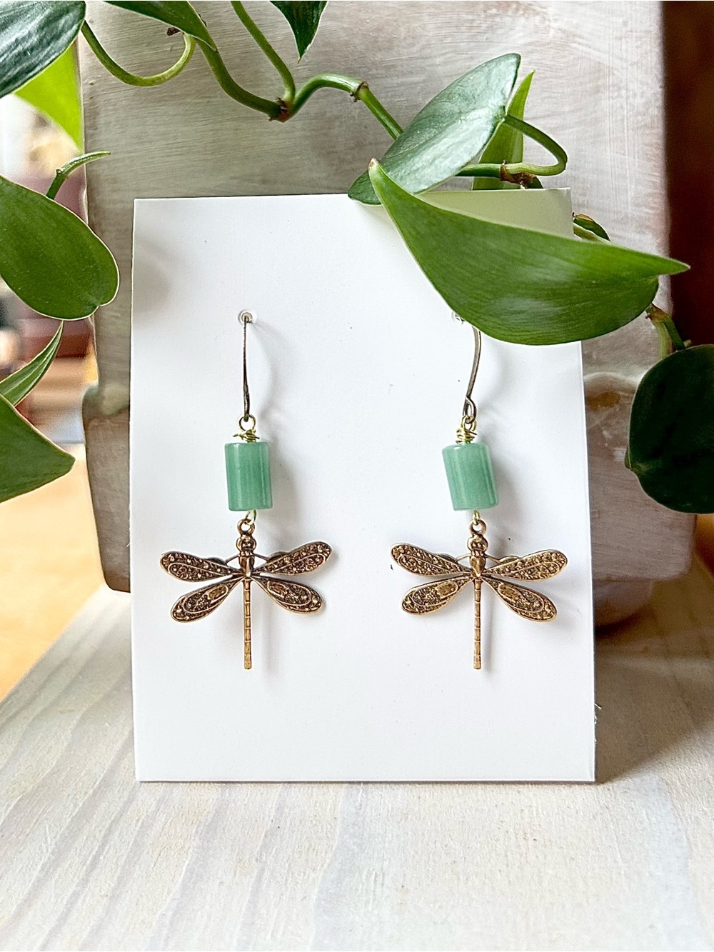 Handcrafted Brass Dragonfly Dangle Earrings with Green Aventurine - 1.5” drop